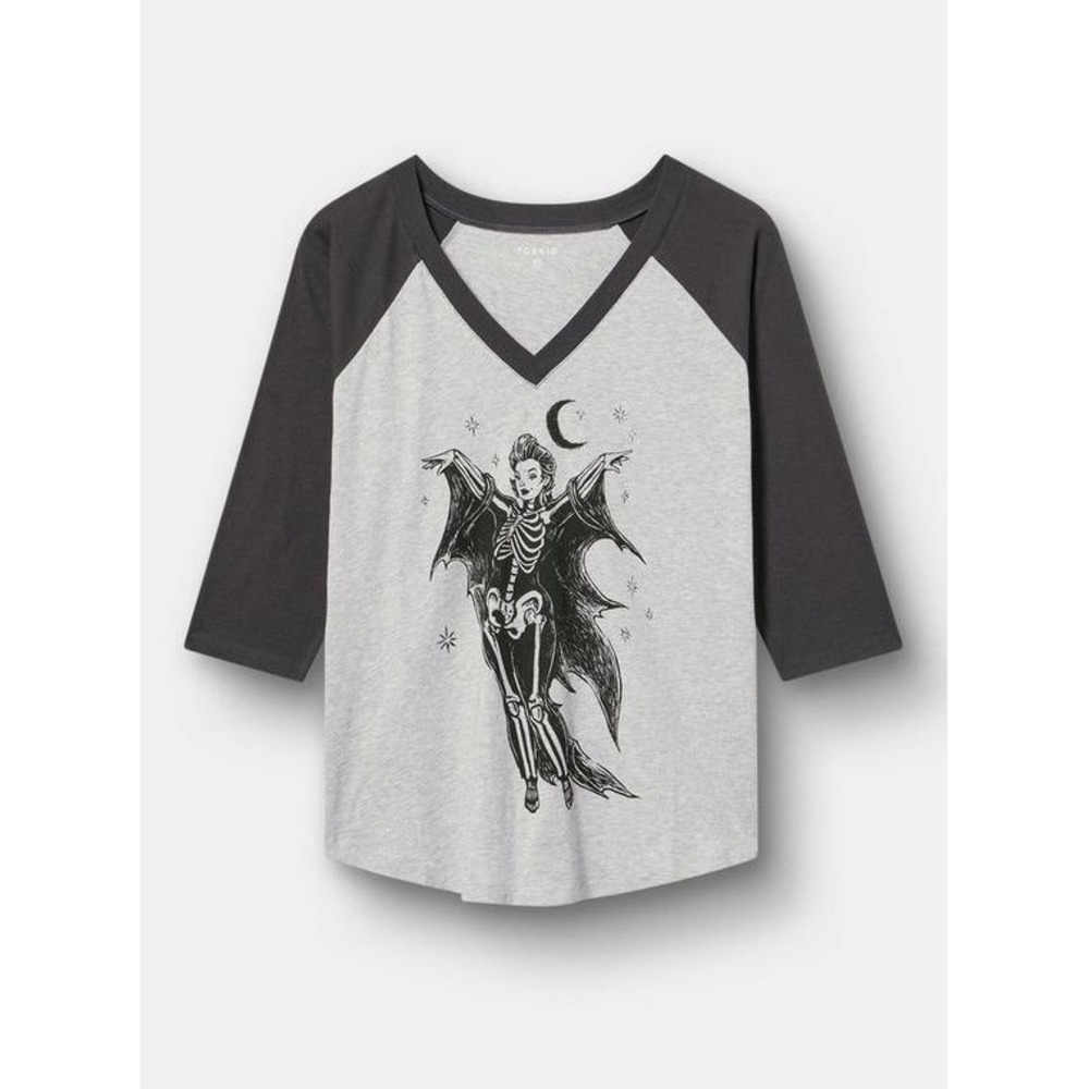 NWT Torrid Sketch Witch Skeleton Raglan Tee Grey Black 3/4 Sleeve V-Neck 1X - Picture 2 of 11